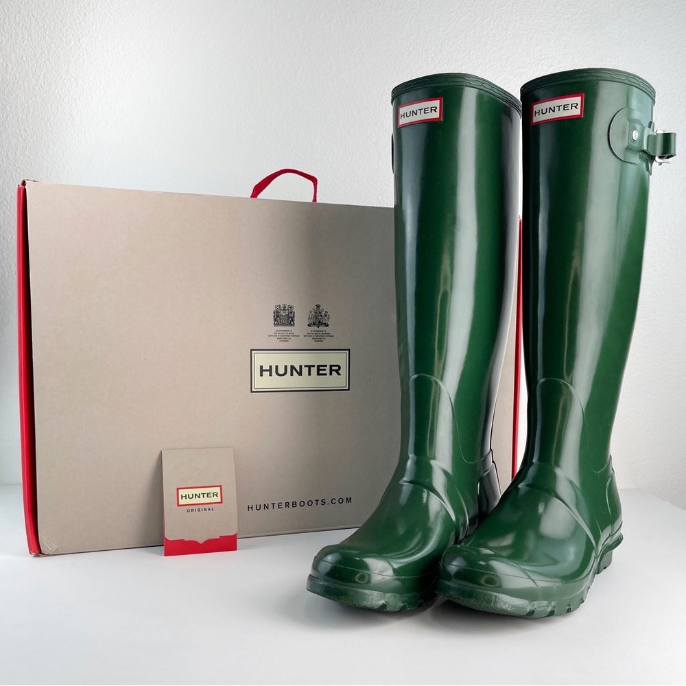 HUNTER Women's Original Tall Rubber Rain Winter Boots US 8 Glossy Green With Box